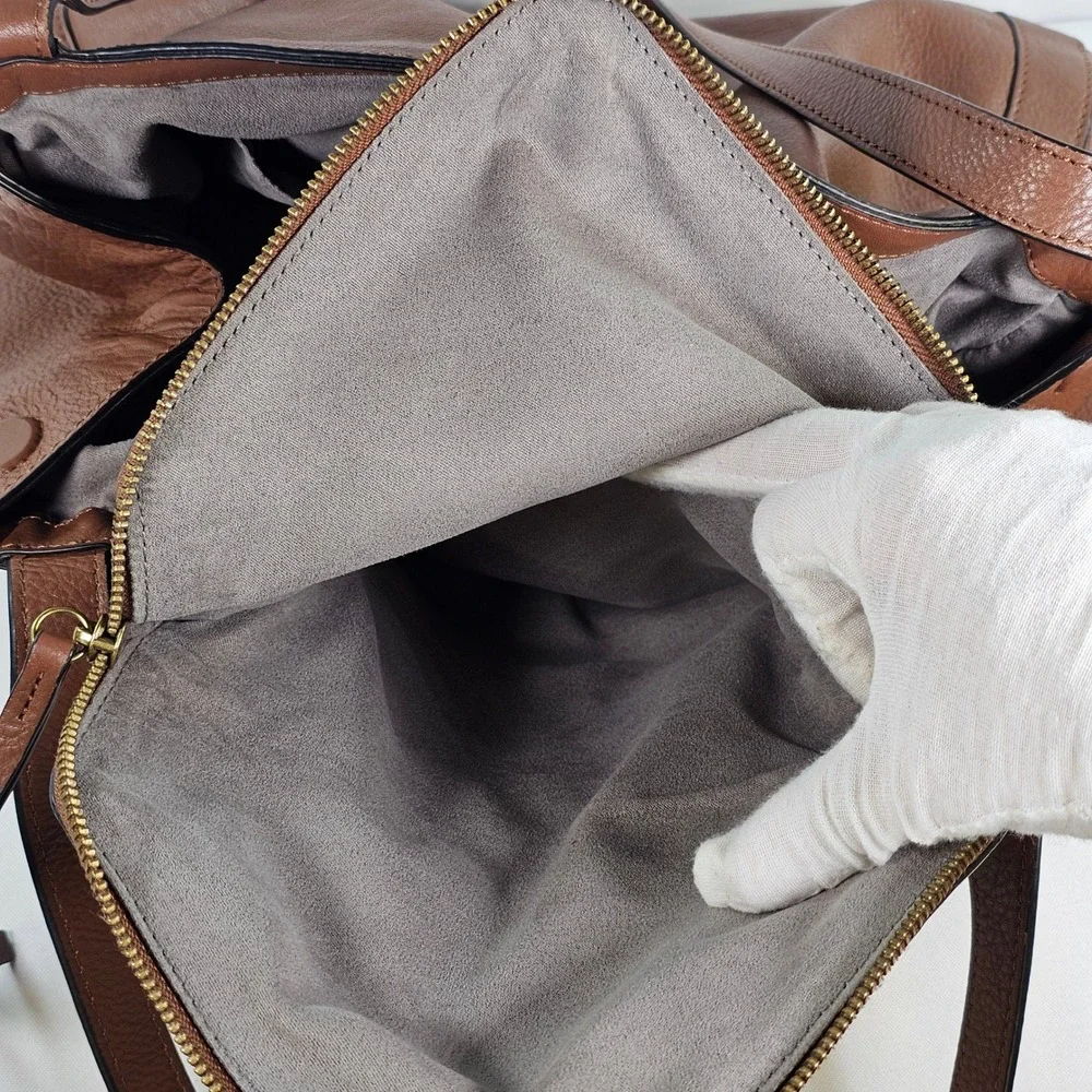 Vince Camuto Lenka Cognac Brown Pebbled‎ Leather V-Flap Shoulder Bag Hobo Purse
